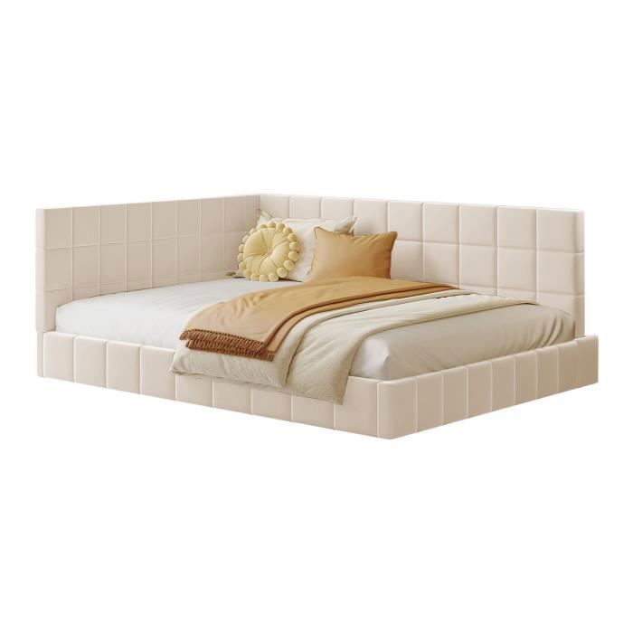 Canapé-lit capitonné 140*200 avec sommier à lattes Tissu Velours Beige