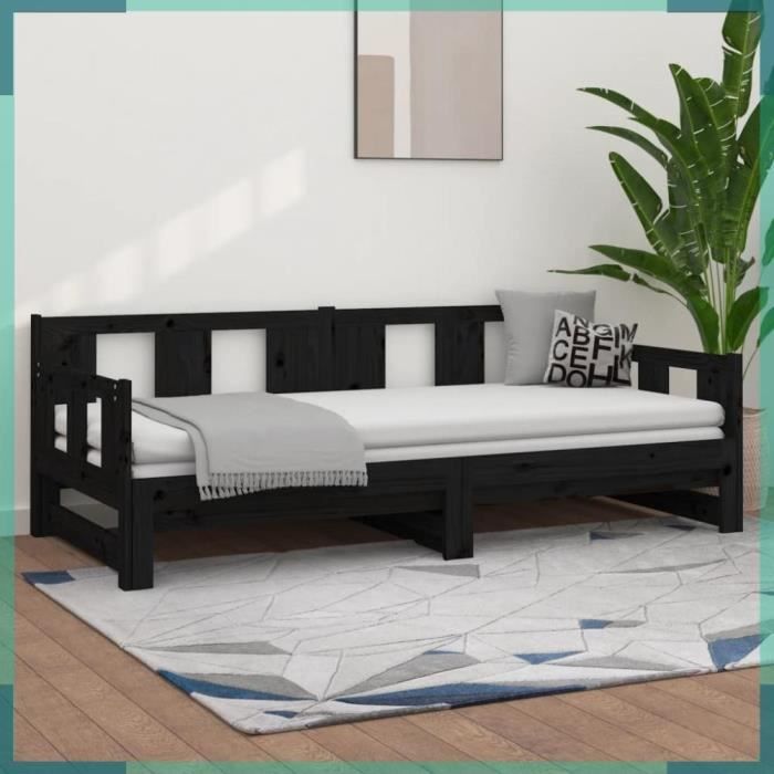 Lit coulissant sans matelas noir bois de pin massif-FHE820296