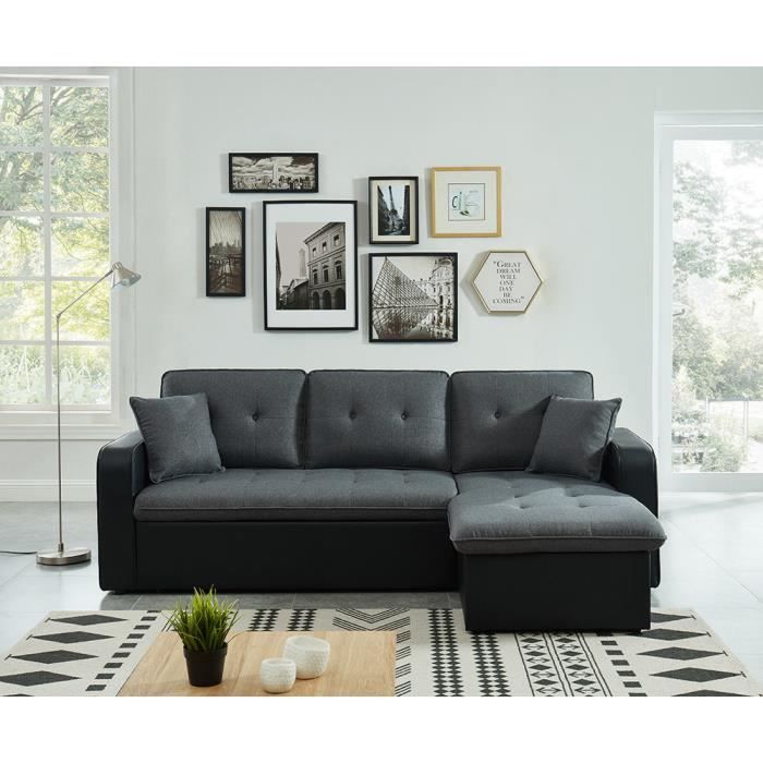 Canapé CANVAS tissu gris PU noir avec coffre convertible 4 places