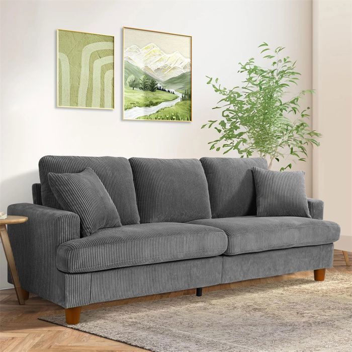Grand Canapé 3 Places en Velours Côtelé Gris,Canapé Scandinave avec 3 coussins et 2 oreillers pour le salon,220×76×84cm