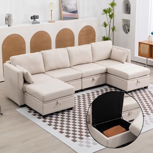 Canapé en forme de U avec rangement, canapé double avec accoudoirs en tissu de lin pliable, canapé inclinable extra-large,Blanc