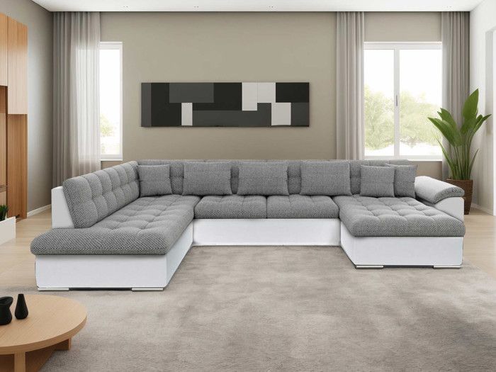 Canapé panoramique XXL convertible avec coffre 7 places style contemporain gauche Gris/Blanc - BESTMOBILIER