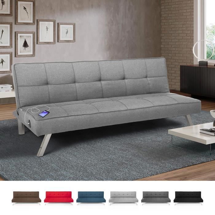 Canapé-lit en tissu avec port USB et pieds en métal AstraLIS design - Gris clair