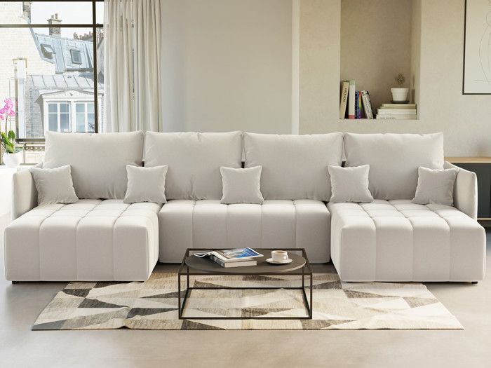 Canapé panoramique en U - BESTMOBILIER - Petra - Convertible - Avec coffre - Velours - Beige
