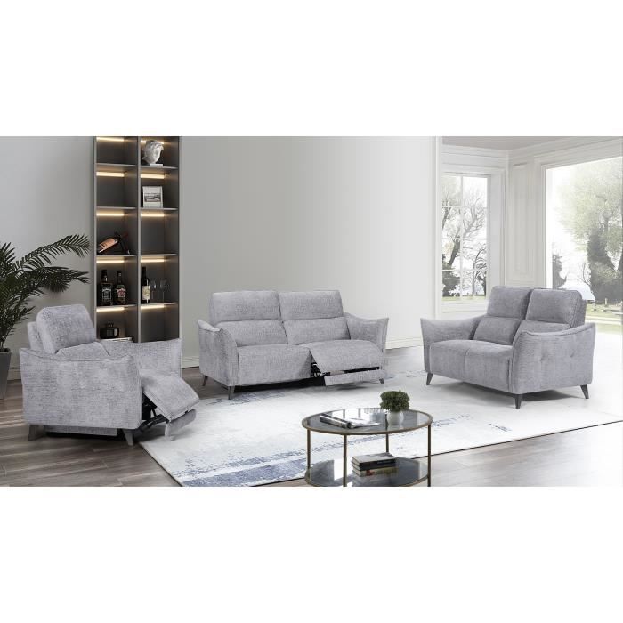 Canapé Relax Electrique 3 Places - ALLURE - Tissu Gris - Confort Moelleux - Pieds Chromés