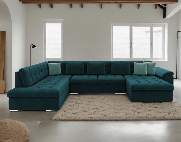 Canapé panoramique XXL Chuck - Convertible avec coffre - 7 places - Style contemporain - Gauche - Bleu canard