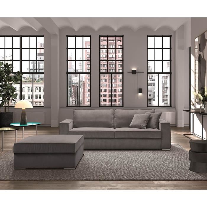 Canapé fixe 4 Places - ALTOBUY - SORIAN - Velours Côtelé - Gris Foncé - Avec Pouf
