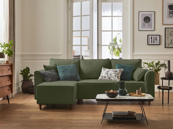 Canapé d'angle réversible 4 places Saphir - Convertible - Avec coffre - En tissu - Vert sauge