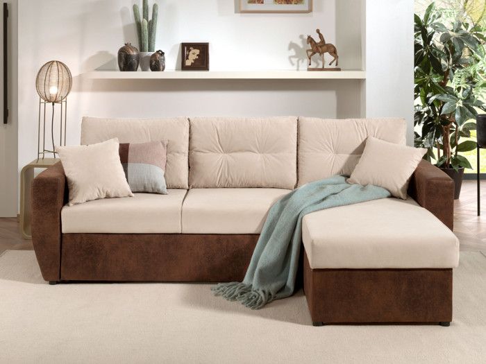 Canapé d'angle réversible convertible avec coffre style contemporain 4 places - Astoria - Marron / Beige