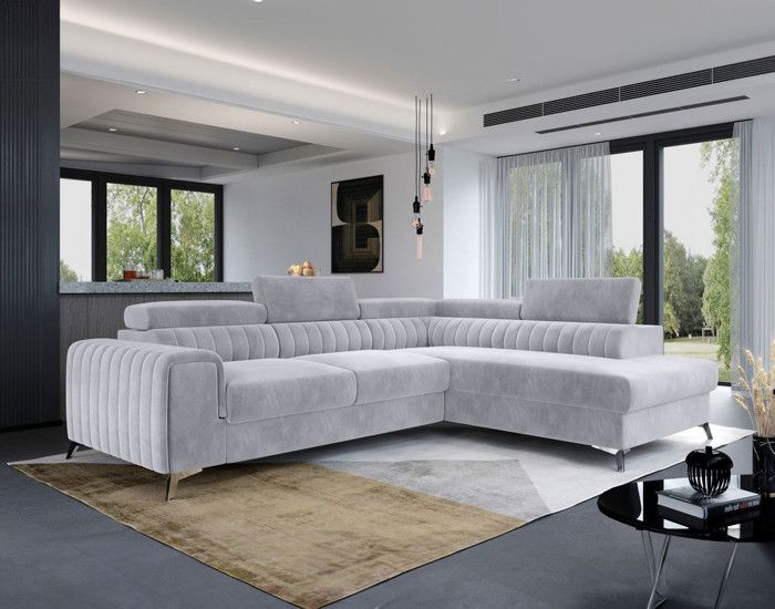 Canapé d'angle droit Talisay - 5 places - convertible avec coffre - en velours - Gris clair - BESTMOBILIER