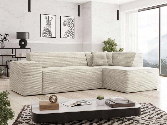 Canapé d'angle droit 5 places en velours côtelé - Beige - Duchamp - BESTMOBILIER
