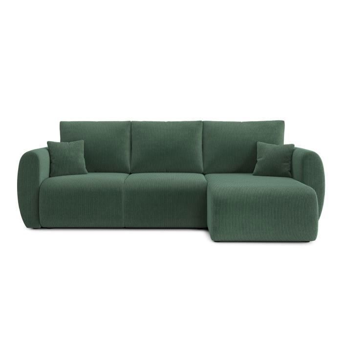 Canapé d'angle convertible REFA en velours côtelé vert 4 places - Réversible - Coffre de rangement - BAÏTA