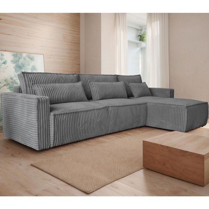 Canapé d'angle réversible 294 cm en velours grosses côtes gris foncé