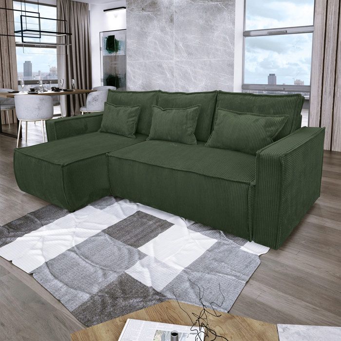 Canapé d'angle réversible et convertible en velours côtelé vert foncé