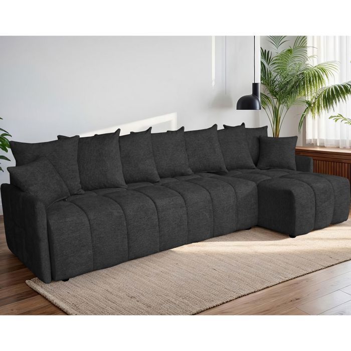 Canapé d'angle réversible 282 cm en tissu doux noir - RIZDAL