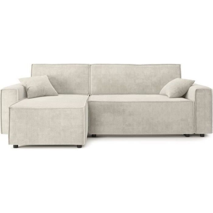 Canapé d'angle convertible MIRA en velours côtelé beige 4 places - Réversible - Coffre de rangement - BAÏTA