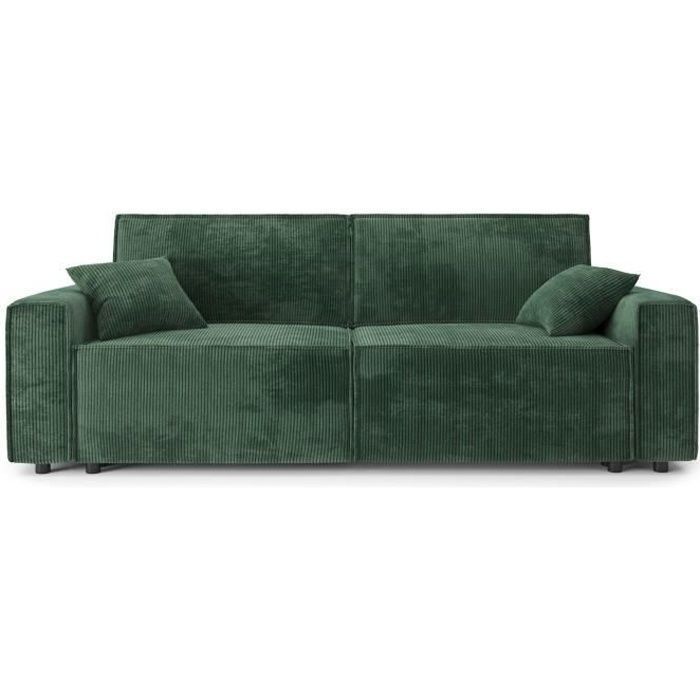 Canapé droit convertible MIRA en velours côtelé vert 3 places - Coffre de rangement - BAÏTA