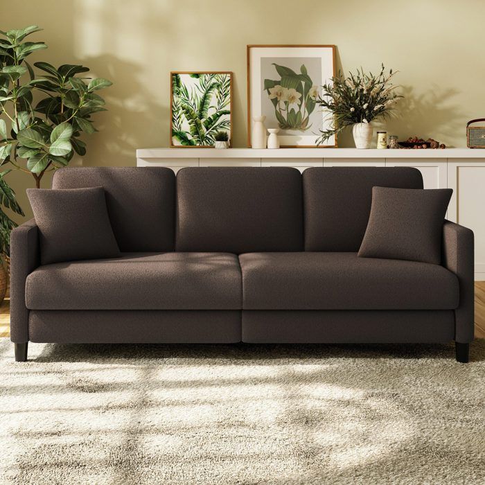 Grand Canapé 3 Places en Velours Teddy Marron avec 3 coussins,2 oreillers,Canapé Scandinave pour Salon,Chambre à