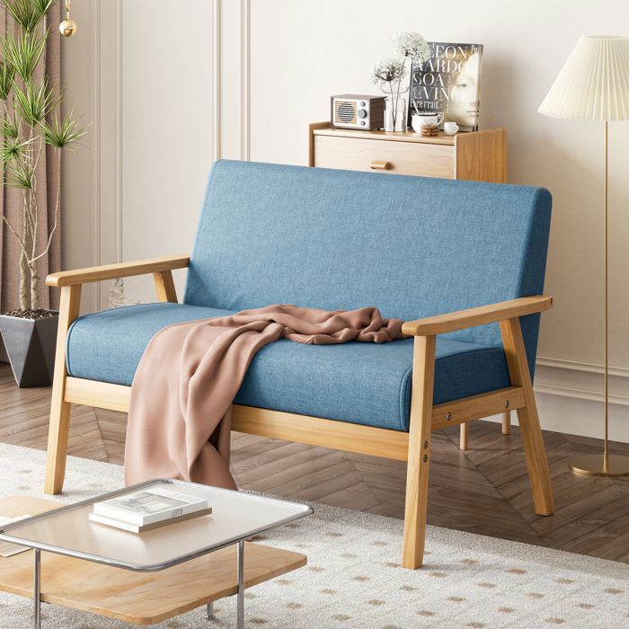 Mini Canapé 2 Places en Tissu Lin,Canapé Scandinave,Pieds en Bois,Fauteuil Simple pour Salon bureau ,107x60x76cm,Bleu