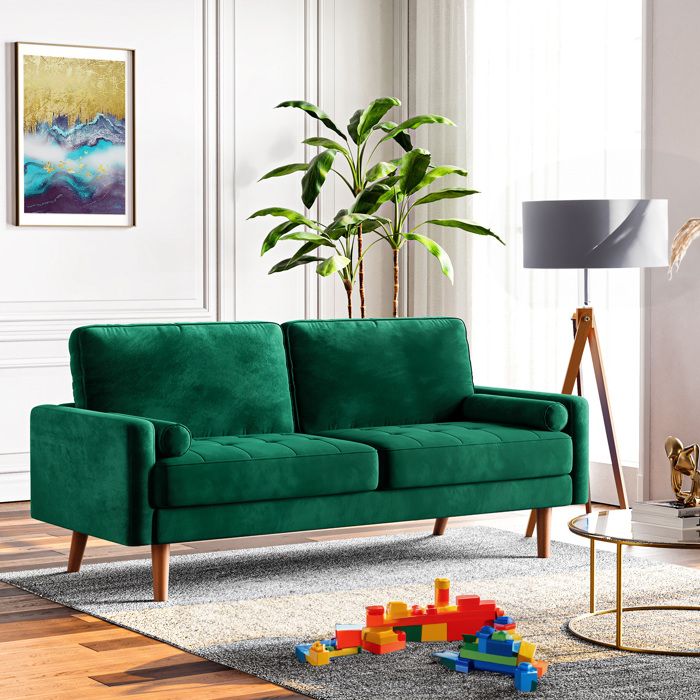 Canapé 3 Places Scandinave en Velours Vert,Canapé moelleux à ressorts avec 2 coussins pour salon,Pieds en bois,176×78×85 cm