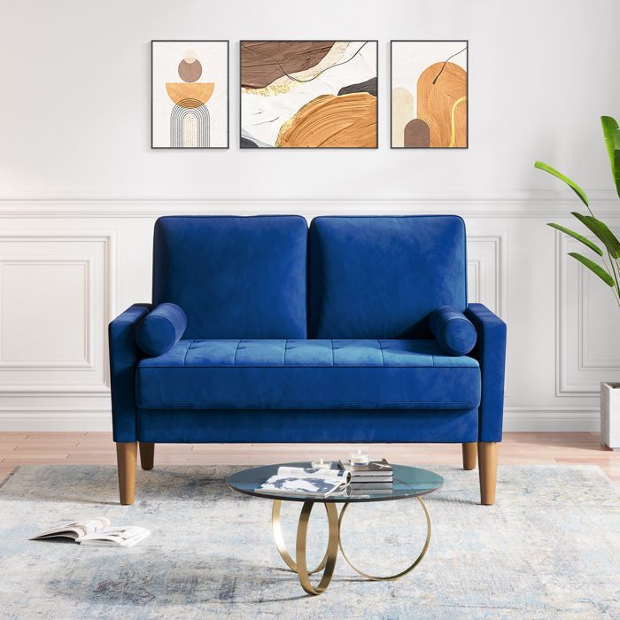 Mini Canapé 2 places en Velours Bleu 121x77x86cm,Canapé Scandinave avec 2 petits coussins pour le salon,chambre à coucher