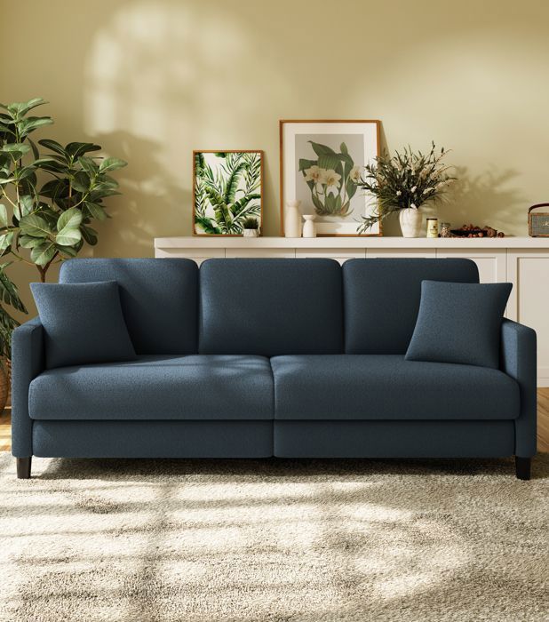 Grand Canapé 3 Places en Velours Teddy Bleu Gris pour salon,Canapé Moderne Scandinave avec trois coussins,pieds en bois,210×78×85CM