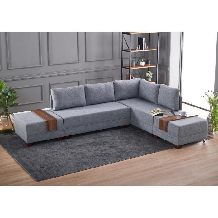 Canapé d'angle droit et 2 poufs tissu gris Tikona 280 cm