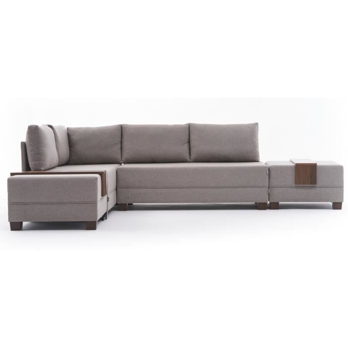 Canapé d'angle gauche et 2 poufs tissu beige clair Tikona 280 cm