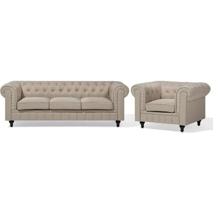 Canapé et fauteuil beige CHESTERFIELD Big - BELIANI - 3 places - Style classique - Confort luxueux
