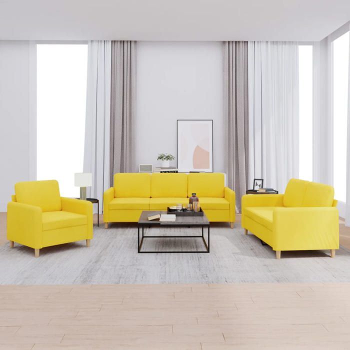 Ensemble de canapé 3 pièces avec coussins en tissu jaune clair