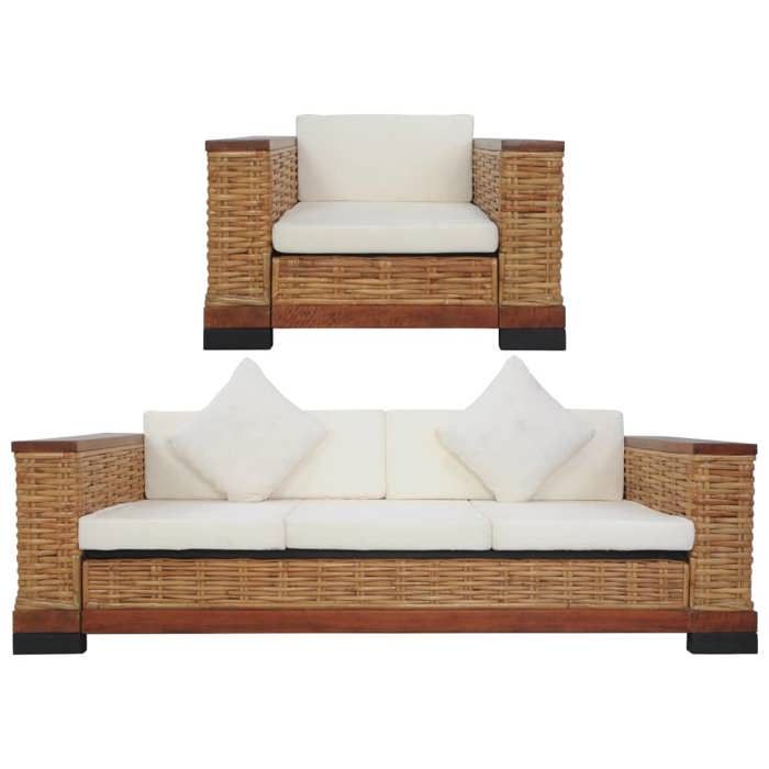 Ensemble de canapé 2 pièces avec coussins en rotin naturel marron