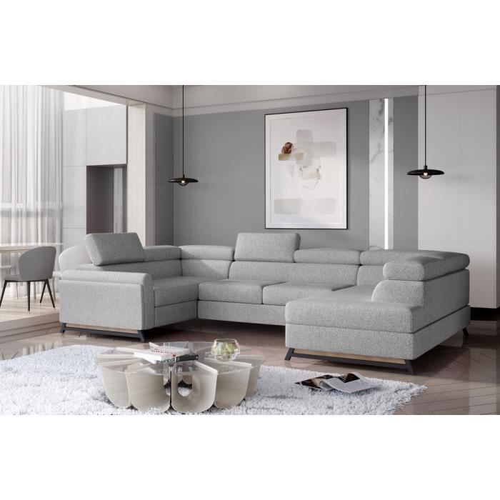 Canapé panoramique convertible - ESTEBAN - en tissu prestige luxe gris, 7 places, partie sans accoudoir à droite (vu de face)