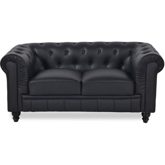 Canapé Chesterfield 2 Places Regency Noir - Fixe - Classique - Intemporel - Simili - 157 cm