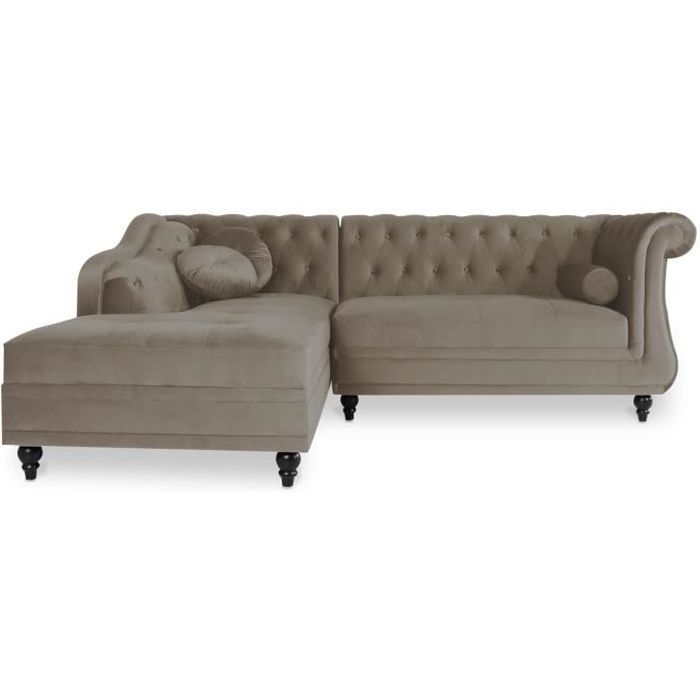 Canapé d'angle Gauche Empire Taupe Velours style Chesterfield - Marron - Fixe - 5 personnes - 180cm - 240cm