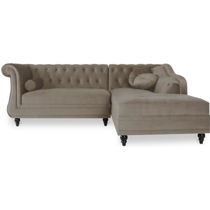 Canapé d'angle Empire Taupe Velours style Chesterfield - 4 places - 180cm profondeur - Classique