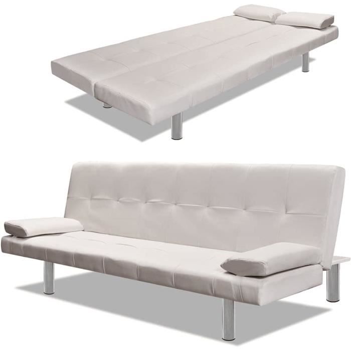 Canapé-lit Réglable avec 2 Oreillers Cuir Synthétique Blanc Crème Salon - Convertible - Contemporain - Design