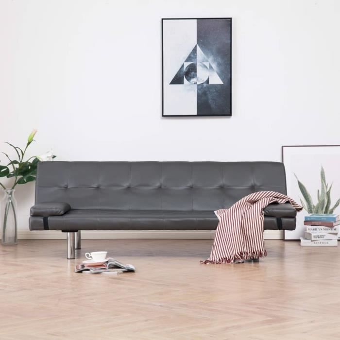 Canapé-lit convertible 3 places - Gris Similicuir - Style contemporain