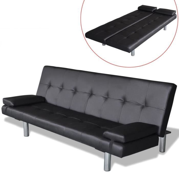 Canapé-lit d'angle convertible réversible avec 2 oreillers en cuir synthétique noir - ZFNOAA