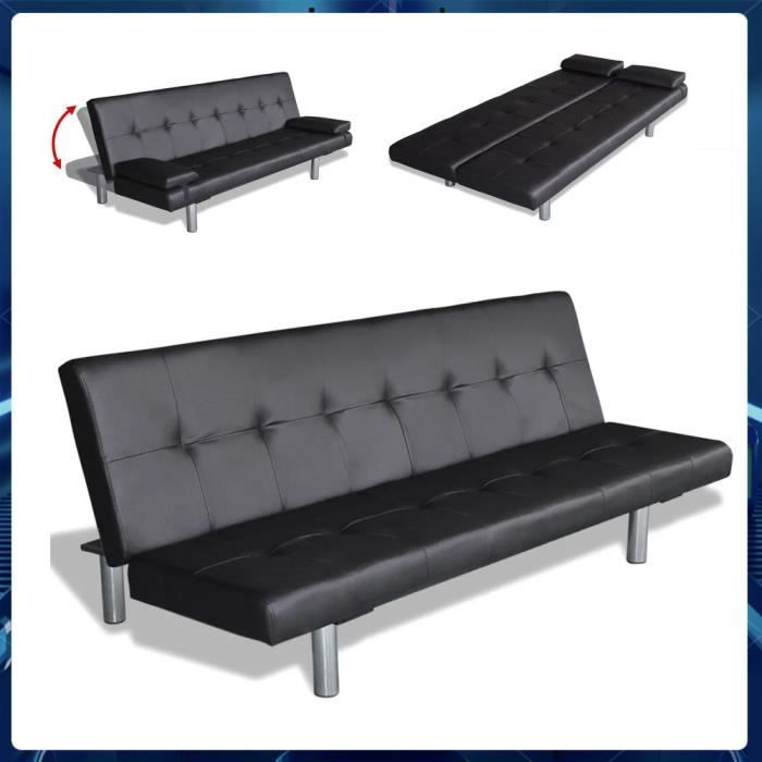 Canapé-lit convertible en cuir noir synthétique CHAUD YNF avec 2 oreillers
