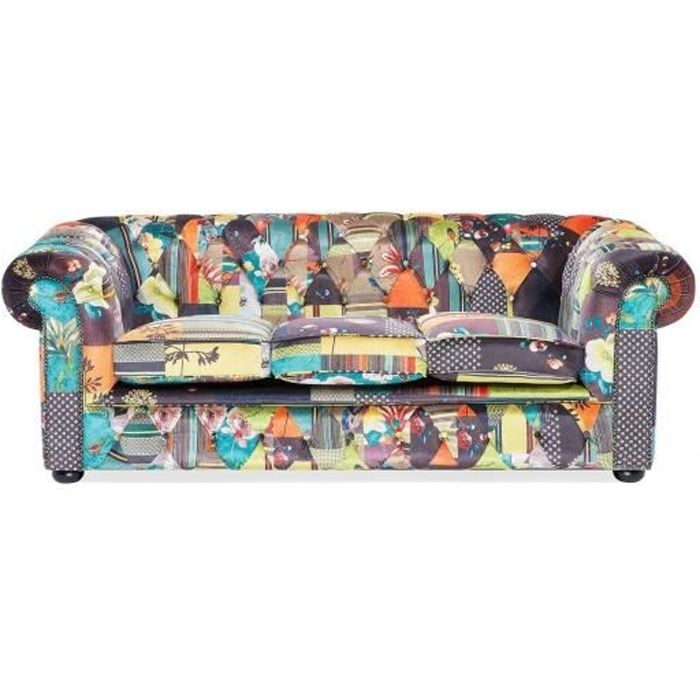 Canapé patchwork en tissu jaune BELIANI CHESTERFIELD - 3 places - Relaxation - Confort moelleux