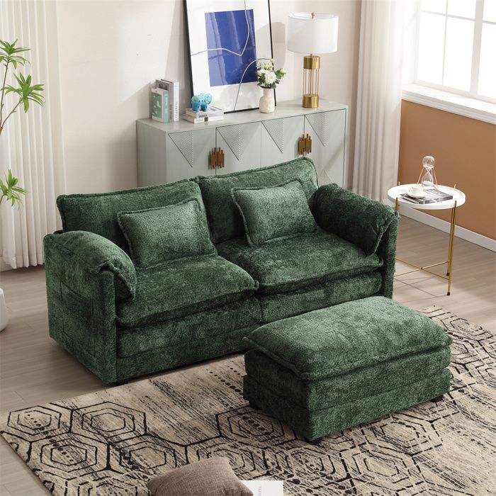 Canapé d'angle, Canape 2 Places avec Repose-Pied, Canapé 3 Places pour Salon avec Rangement et Coussins, Chenille, Vert émeraude