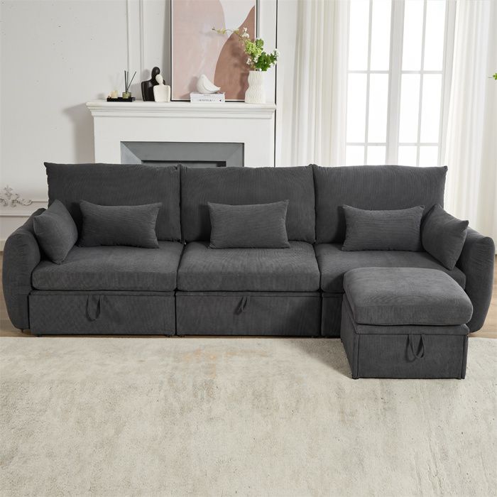 Canape d'angle avec Repose-Pied, Canape Convertible 3 Places avec Espace de Rangement, Canapé Modulable 5 Coussins Amovibles, Gris