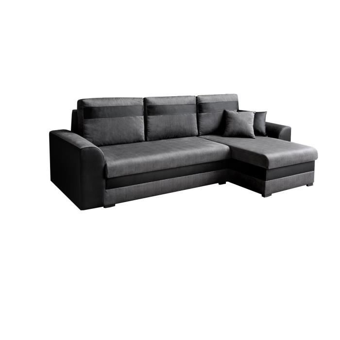 Canapé d'angle réversible et convertible avec coffre de rangement - 4 places - Tissu gris et simili noir - TOMMY