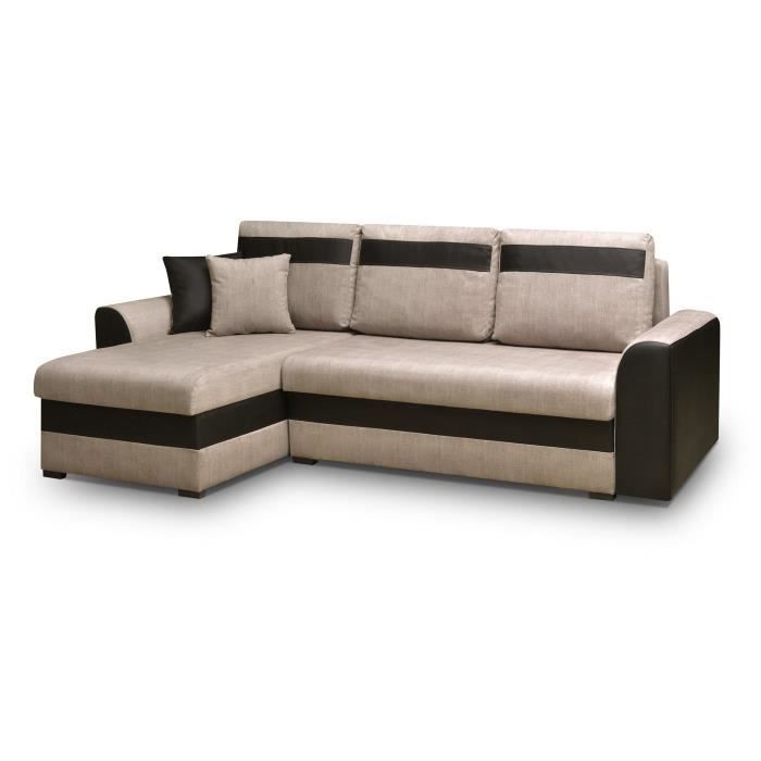 Canapé d'angle réversible et convertible avec coffre de rangement - 4 places - Tissu cappuccino et simili noir - TOMMY