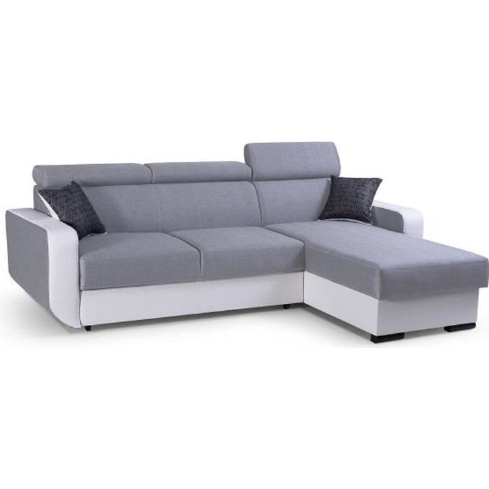 Canapé d'angle réversible convertible avec coffre de rangement - PEDRO - Tissu gris clair et simili blanc