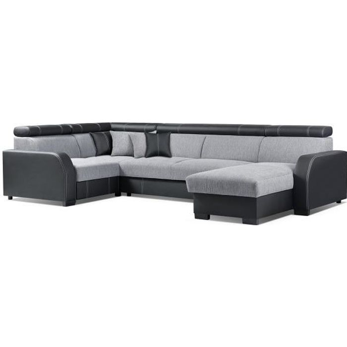 Canapé d'angle panoramique en U - COBBY U - convertible et réversible - tissu gris et simili cuir noir