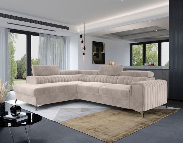 Canapé d'angle gauche Talisay - 5 places - convertible avec coffre - en velours - Beige