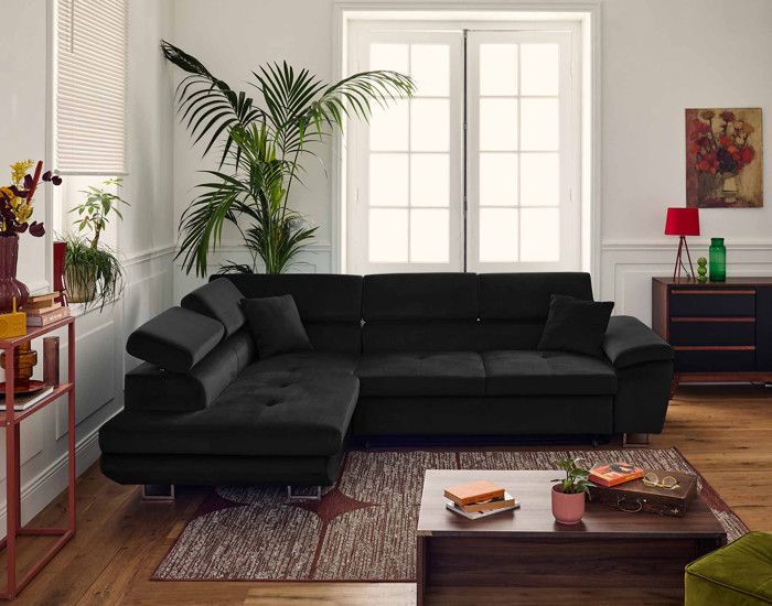 Canapé d'angle gauche 5 places convertible avec coffre et têtières réglables en velours noir - BESTMOBILIER