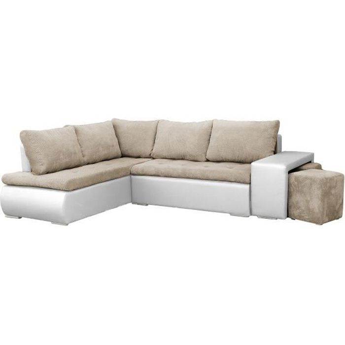 Canapé d'angle gauche convertible avec coffre de rangement - 4 places - Tissu beige et simili blanc - BELGRAD