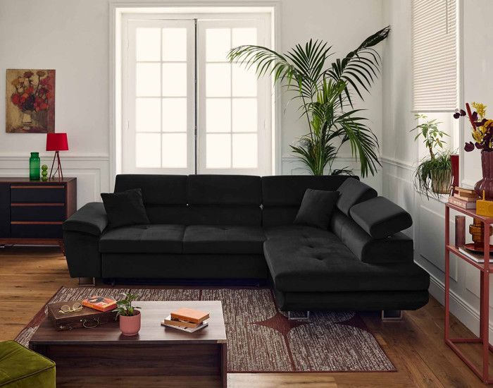Canapé d'angle droit 5 places convertible avec coffre et têtières réglables en velours noir - BESTMOBILIER